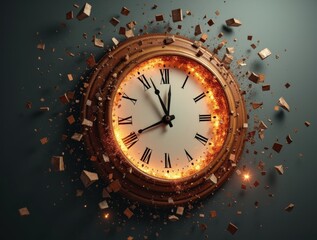 Clock exploding with fire sparks, time urgency concept