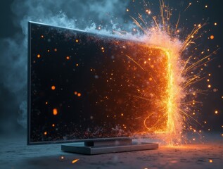 Flat screen monitor smoking and heavily sparking creating digital portal