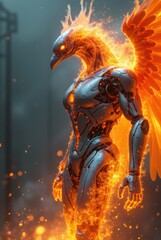 Robotic phoenix bird regenerating with powerful flames