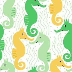 Obraz premium Vector seamless pattern with cute seahorses and seaweeds