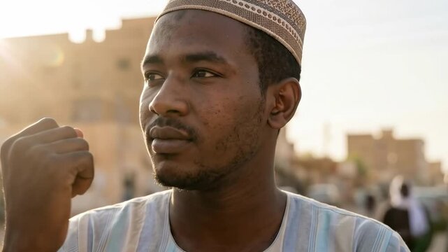 A young sudanese man stands confidently with a raised fist against a blurred urban background, wearing traditional attire and exuding determination and hope in the golden light of sunset