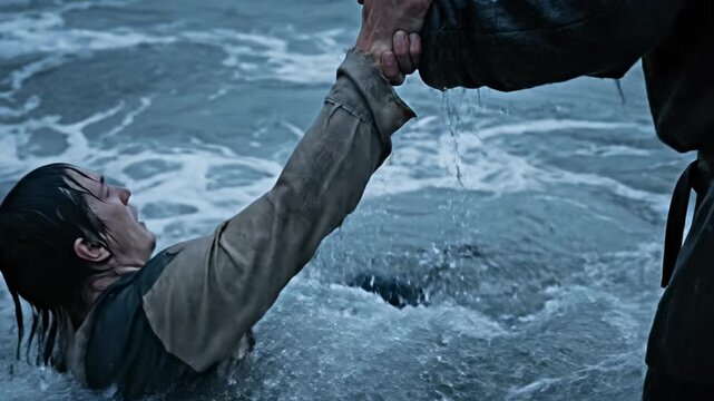 A conceptual representation of divine rescue and absolute trust showing a hand reaching down to pull a sinking man from the dark turbulent waves during a biblical storm