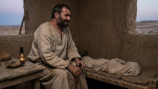 A conceptual representation of divine judgment and paternal grief showing a man weeping in a dark biblical stone room over the loss of his firstborn during the final plague