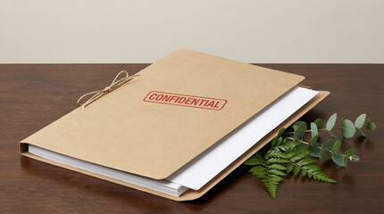 Fototapeta premium Secure Document Folder with Confidential Stamp and Natural Greenery on Wooden Surface