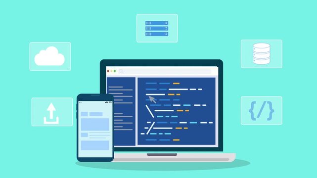 Laptop and smartphone displaying code editor connected to cloud services, mobile app development, data synchronization, and web programming workflow on a clean technology background.
