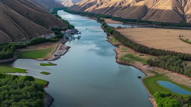 River Drying & Ecosystem Collapse

Prompt:
Time-lapse of a major river valley, starting with strong flowing blue river surrounded by lush vegetation and thriving wildlife, boats sailing, human settlem