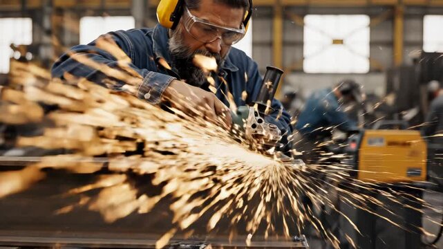 Worker using angle grinder in factory