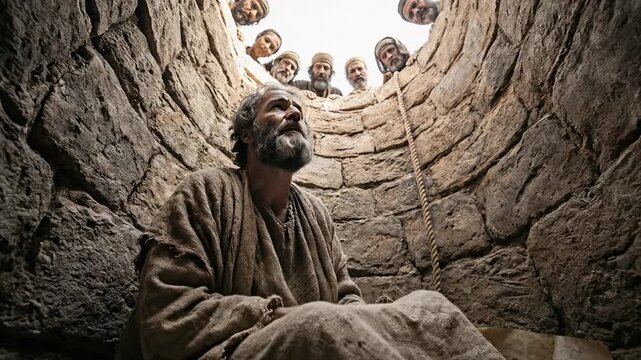 The prophet Jeremiah looks up with hope from the bottom of a deep stone biblical well while a group of men peer down from the circular opening above