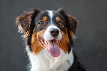 joyful tricolor dog portrait with tongue out, bright eyes and soft fur against a neutral gray background