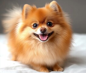 fluffy golden small dog with round fur, perky ears and tiny paws sitting on a soft surface in a cozy calm mood