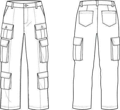 Technical fashion illustration of cargo pants with multiple flap pockets, button closures, waistband with belt loops, front and back construction views