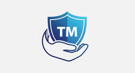 Trademark protection symbol with shield and hand on white background representing security and safety