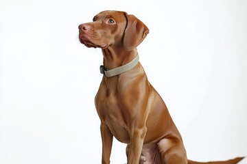 alert brown short-haired dog sitting on white background wearing a light collar, looking up with a curious attentive expression