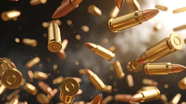 Close-up shot of falling bullets with a dark background, showcasing ammunition details and motion.