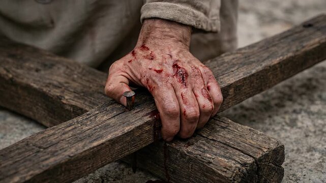 A conceptual close up of the passion of the Christ showing a bloodied hand upon the wooden cross representing the physical suffering and redemption of the biblical crucifixion