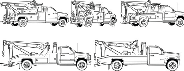 Technical line drawing illustration of tow trucks with hydraulic boom, winch system, rear bed configuration and mechanical design details © itz moni