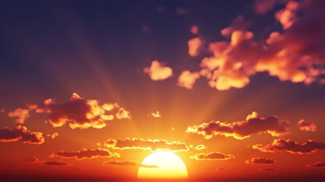 Vibrant golden sun setting behind f clouds in a beautiful evening sky