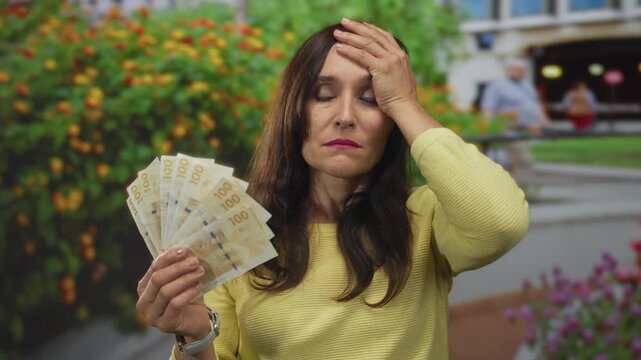 Woman holding swedish kronor outdoors, appears deep in thought, surrounded by vibrant flowers and architecture, suggesting a moment of contemplation or financial decision.