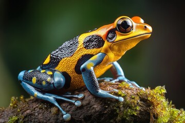 Fototapeta premium vibrant orange yellow and blue frog perched on mossy log, alert and curious close-up