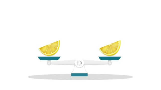 Education of balance scales comparing fruit, feather to demonstrate weight concept, Visual learning material for early childhood education teaching heavy, light differences through object comparison