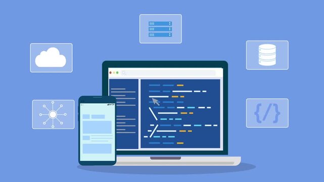 Laptop and smartphone showing coding interface connected to cloud platform, representing mobile application development, data synchronization, and modern software engineering workflow.
