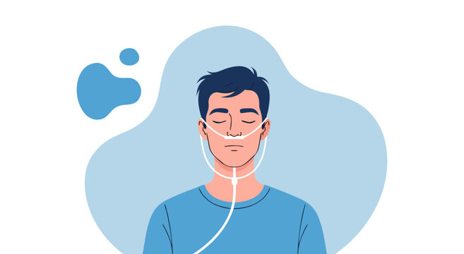 Medical healthcare illustration of a man with a nasal cannula oxygen tube, breathing support concept vector