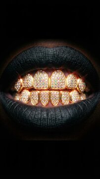 Close-up of black lips showing diamond teeth grills. Mouth smiling with luxury gold jewelry on teeth isolated on dark background. Hip hop fashion and wealth concept. Expensive dental art
