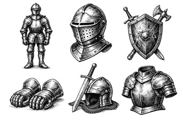 Medieval knight engraving set, vintage heraldry and chivalry sketches in woodcut style