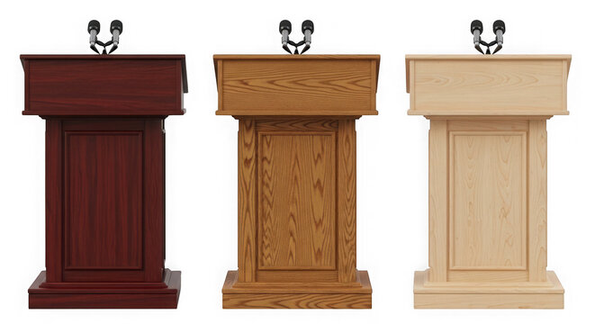 Three wooden podiums in different colors isolated on transparent background