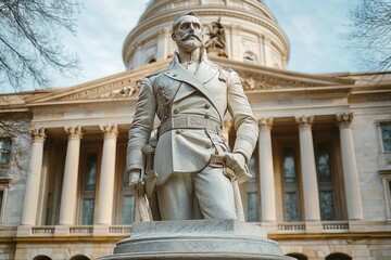 Obraz premium Heroic marble statue of a uniformed military officer holding a sword on a pedestal before a grand domed neoclassical building with columns, evoking pride and solemnity
