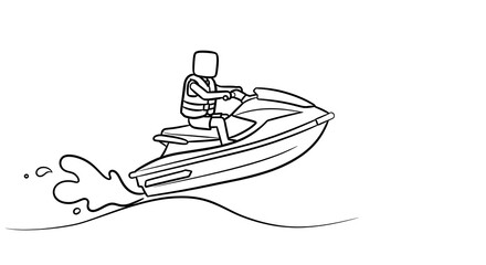 Fototapeta premium A person riding a jet ski, creating a splash, on calm waters, from a side viewpoint, in a simple illustration.