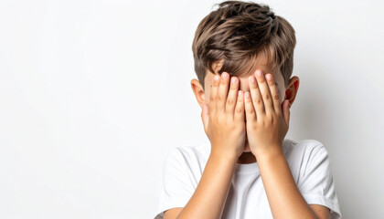 Niño tapándose el rostro con las manos, concepto de problemas emocionales y familiares en la infancia, ansiedad infantil, miedo, inseguridad o vergüenza