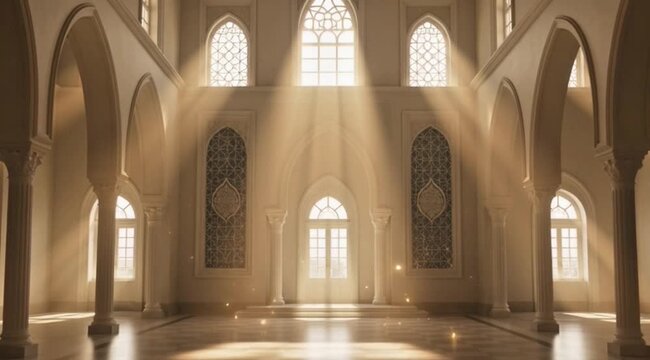 Soft Morning Sunlight in Mosque Interior, Calm Spiritual Ramadan Scene