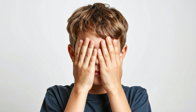 ni&ntilde;o tap&aacute;ndose la cara como s&iacute;mbolo de tristeza, bullying escolar, problemas familiares y vulnerabilidad emocional infantil