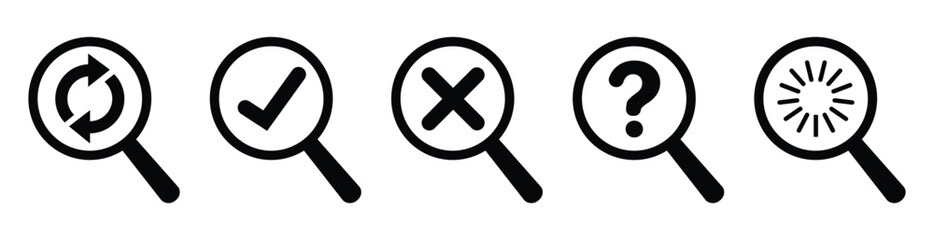 Set of five minimalist magnifying glass icons featuring refresh arrows, check mark, cross cancel, question mark help, and loading spinner. Black outline pictograms isolated on a light background for i © bibin