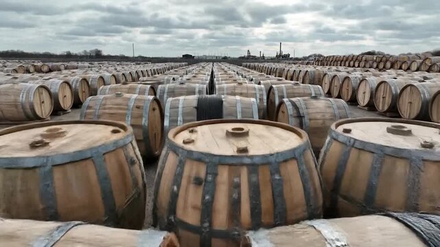Rows of wooden barrels filled with spirits aging outdoors under a cloudy sky