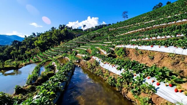 Scenic view of a lush strawberry farm with terraced fields and a serene water stream under a bright blue sky.