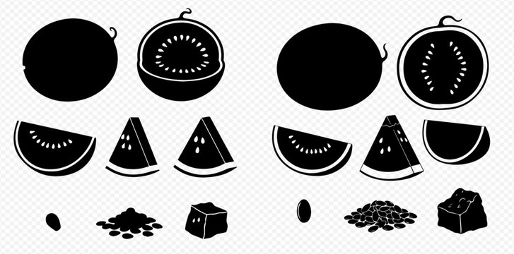 Watermelon silhouettes set with whole, half, sliced, and seed variations for graphic design elements.