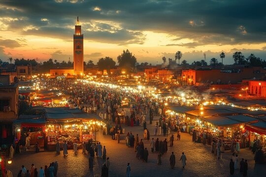 bustling evening market square with glowing stalls, crowds and a tall minaret beneath a dramatic sunset sky conveying warm lively energy