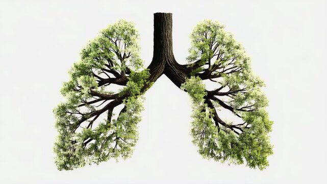 Conceptual human lungs shaped from green trees and branches on white background, symbolizing clean air, nature breathing and environmental health
