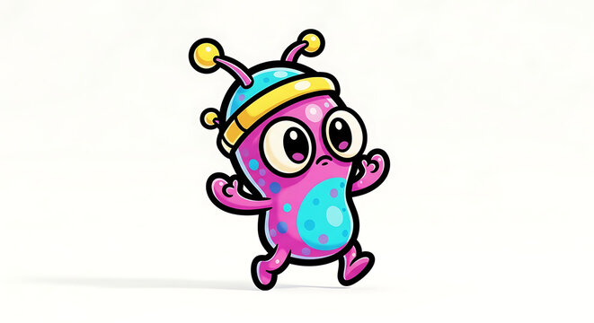 A cartoon alien character in a hat is running and waving its arms in a playful scene from a child's viewpoint