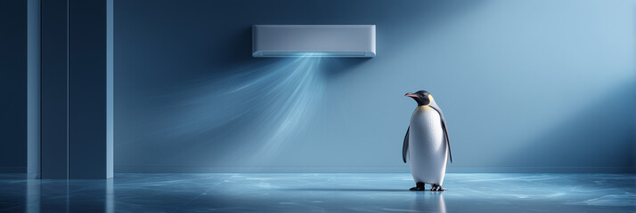 Hyper-Realistic Penguin Enjoying Cool Air Under Modern Air Conditioner in Minimalist Blue Interior. A humorous Yet Premium Visual Metaphor for Cooling, Comfort, and Climate Control. Generative Ai.