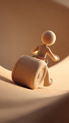 Wooden figure pushing a barrel in minimalist abstract setting