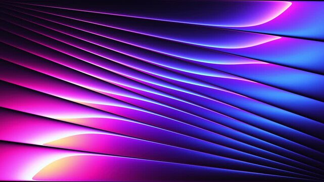 Diagonal ribbed glass with flowing neon gradient refraction moving across smooth parallel grooves. Dynamic glass ridges with shifting gradient reflections create optical distortion. Seamless loop. 4K