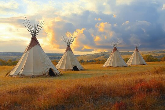 four canvas tipis on a golden grassland with rolling hills under a dramatic sunset sky, peaceful and nostalgic mood