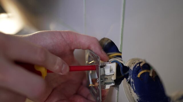 Close up view of an electrician's hands using a screwdriver to install a new wall socket, carefully connecting wires during a kitchen renovation or home improvement project