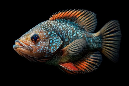 colorful blue and orange fish with iridescent scales, spiky dorsal fin and expressive eye isolated on black background, calm and alert appearance
