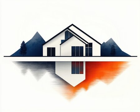Minimal modern house with peaked roofs and large windows, mirrored inverted reflection in water showing warm orange and cool blue mountains and tree silhouettes, calm surreal symmetry