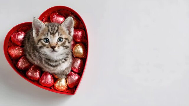 Adorable tabby kitten sitting inside red heart shaped chocolate box on white glossy surface, playful romantic Valentine's day concept with overhead view and copyspace