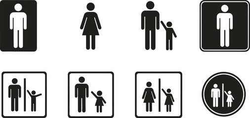 Restroom toilet icons set, male female family and accessible bathroom symbols in black and white vector illustration collection